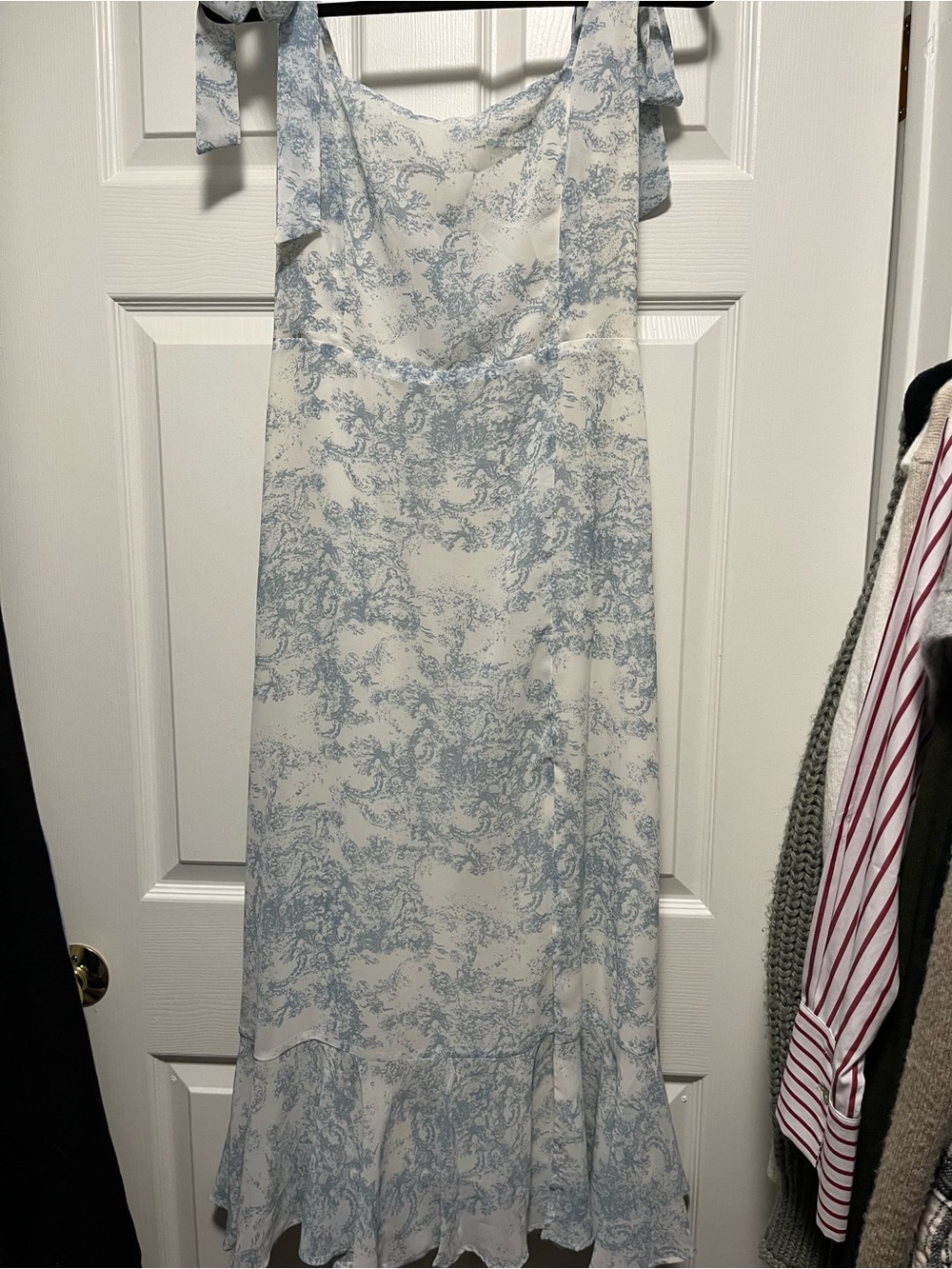 Lulu's Summer Invite White and Blue Toile Tie-Strap Tiered Midi Dress - Picture 4 of 7